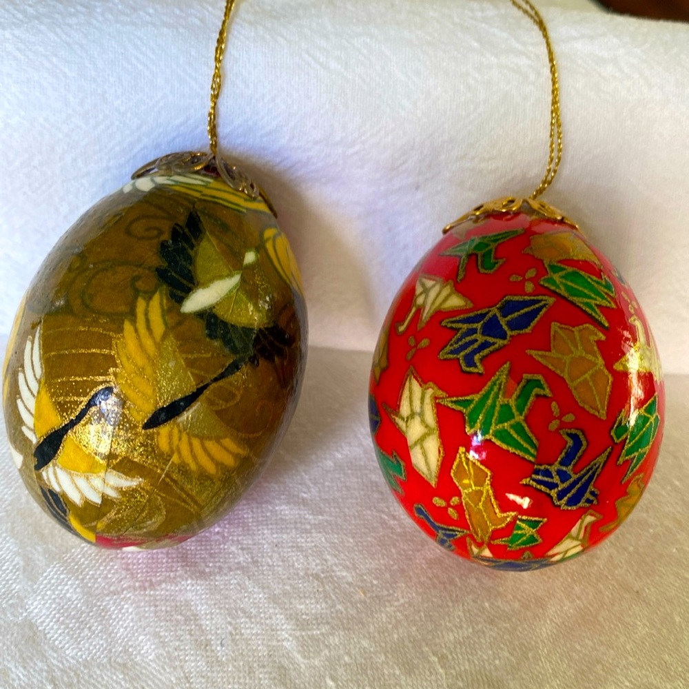 Pair of Festive Gold and Red Egg Ornaments
